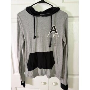 Aeropostale Mens Small Gray Black Colorblock Graphic Hoodie Long Sleeve T-Shirt
